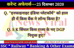 25 December 2020 Current Affairs in Hindi