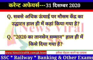 31 December 2020 Current Affairs in Hindi