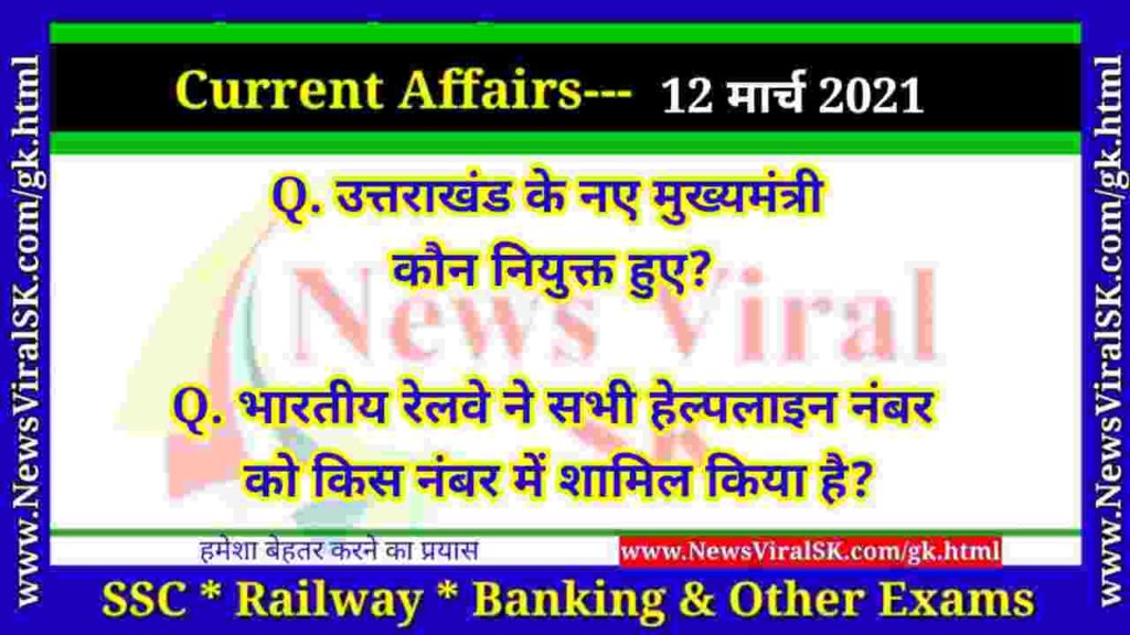 12 March 2021 Current Affairs in Hindi