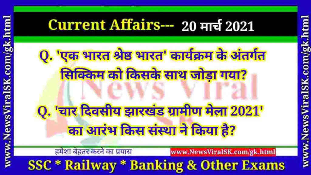 20 March 2021 Current Affairs in Hindi