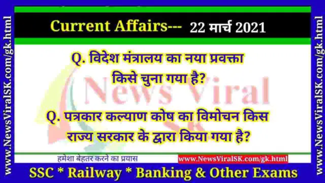 22 March 2021 Current Affairs in Hindi
