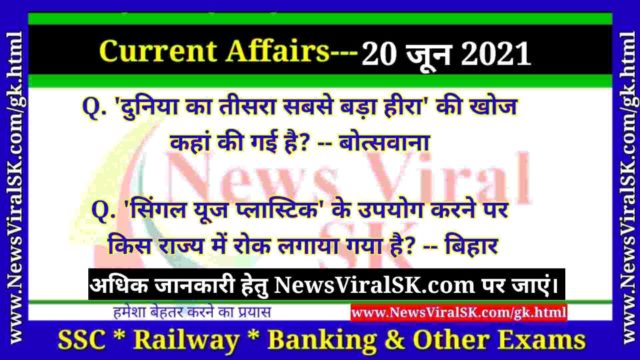 20 June 2021 Current Affairs in Hindi
