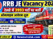 RRB JE Vacancy 2026: रेलवे में 3993 पदों पर भर्ती, ऑनलाइन आवेदन शुरू, योग्यता, फीस, सिलेबस और पूरी जानकारी